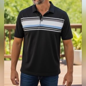 Walter Hagen Black Polo with Blue and White Stripes